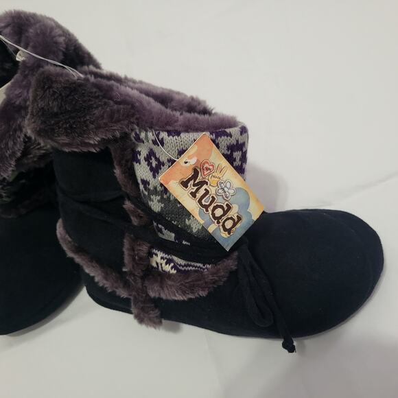 MUDD Blanket Wrap Boot Slippers like Mukluks Black Faux Suede & Fur House shoes - Picture 10 of 16